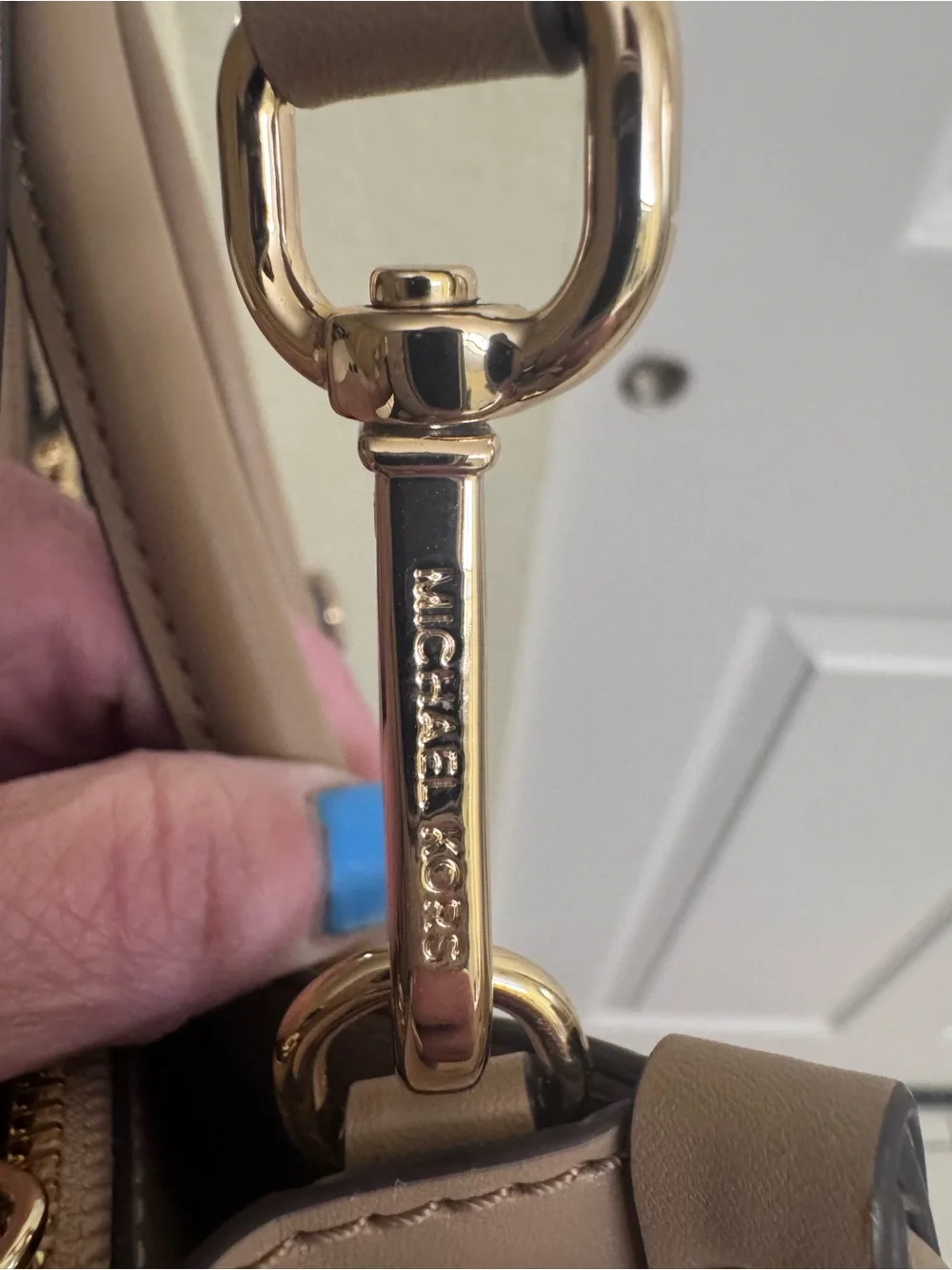 Michael Kors Beige and White Logo-Print Tote with Gold Charm